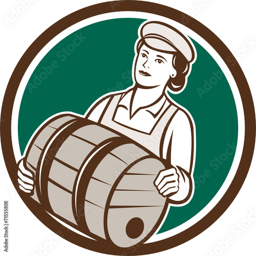 Female Bartender Carrying Keg Circle Retro