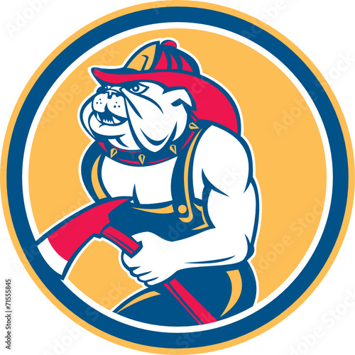 Bulldog Fireman With Axe Circle Retro
