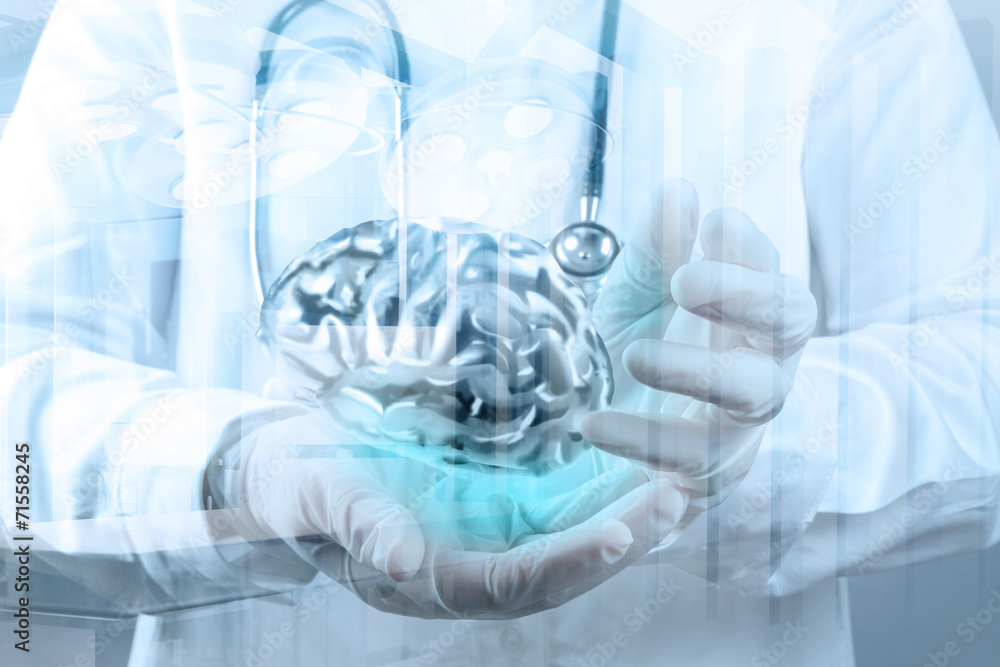 doctor neurologist hand show metal brain with computer interface doctor neurologist hand show metal brain with computer interface