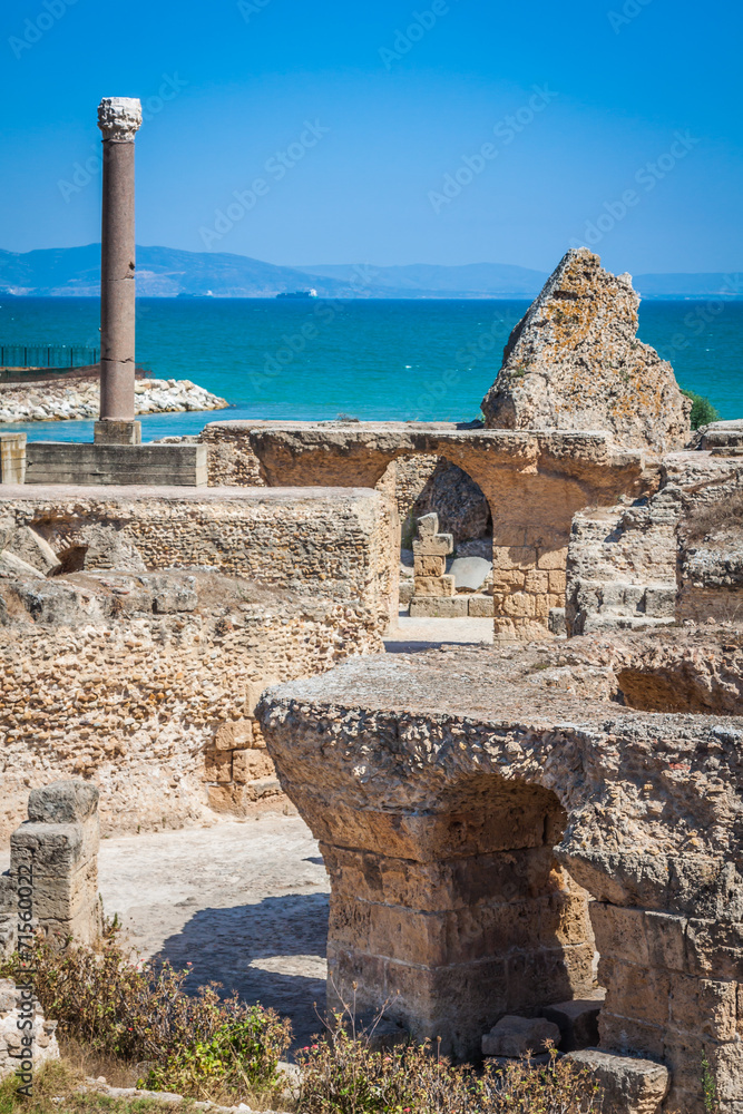 Ancient ruins at Carthage, Tunisia with the Mediterranean Sea in