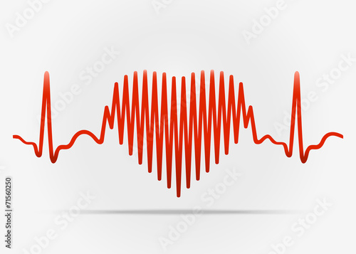 Red heart with the transition to ECG with shadow. Vector illustr