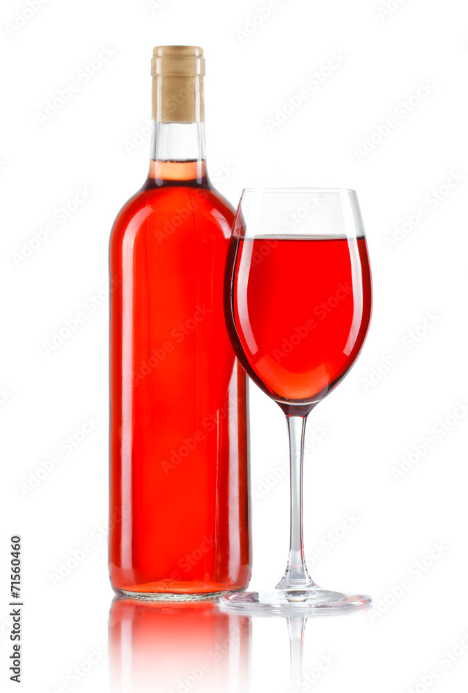 Glass and bottle of rose wine isolated on white Glass and bottle of rose wine isolated on white
