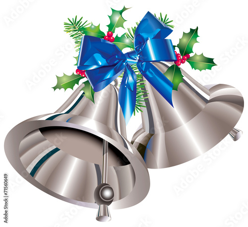 Clochettes de Noël argentées, houx, sapin, nœud de bolduc bleu