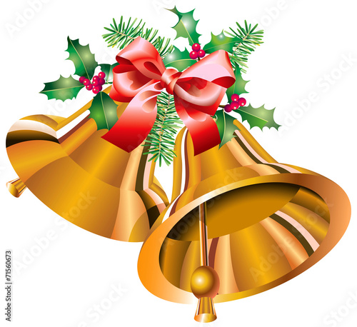 Clochettes de Noël dorées, houx, sapin, nœud de satin rouge