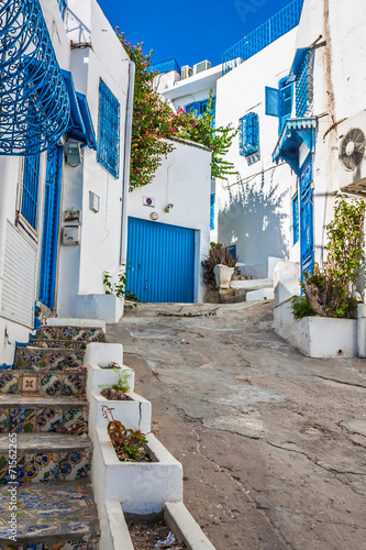 Obraz na płótnie Sidi Bou Said - typical building with white walls, blue doors an w salonie