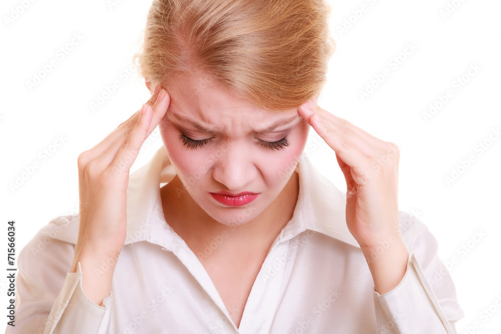 Headache. Woman suffering from head pain isolated. Headache. Woman suffering from head pain isolated.