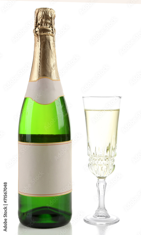 Bottle and glass of champagne, isolated on white Bottle and glass of champagne, isolated on white