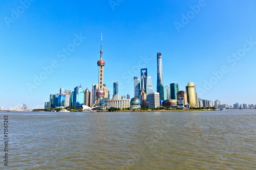 view of Shanghai skyline under the blue sky