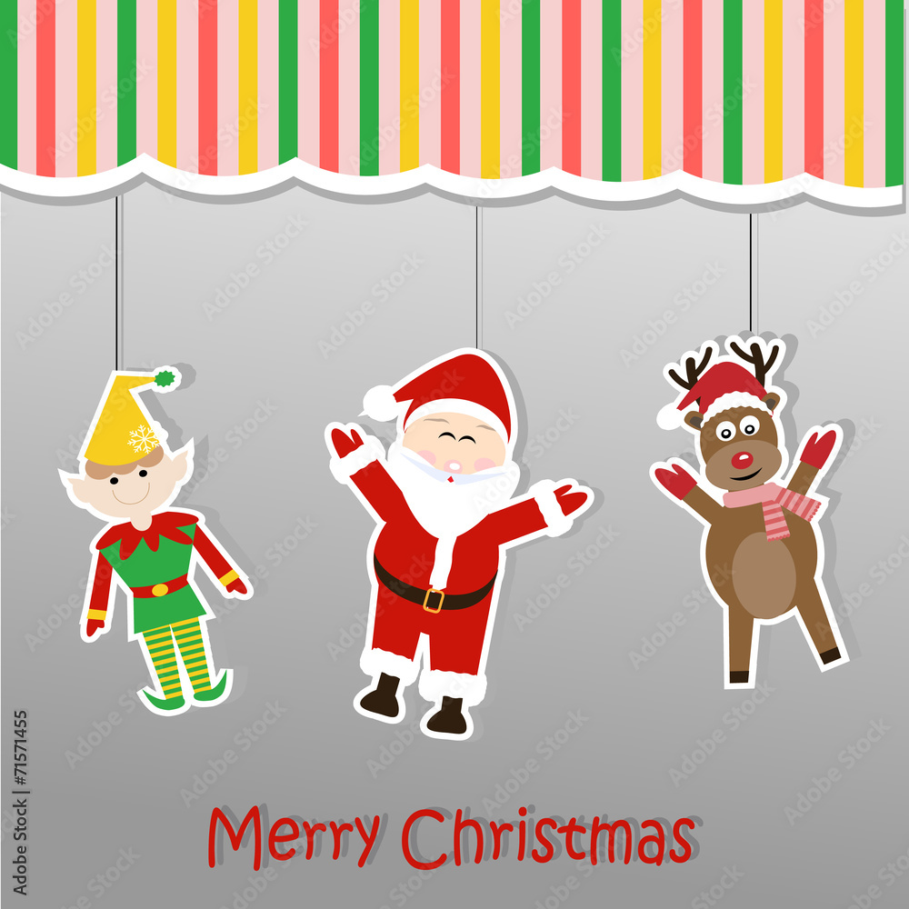 Christmas background sticker with santa claus elf and reindeer