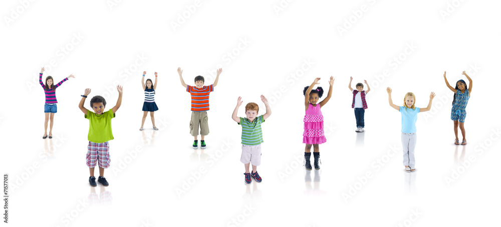 Multiethnic Group of Children Arms Raised Multiethnic Group of Children Arms Raised