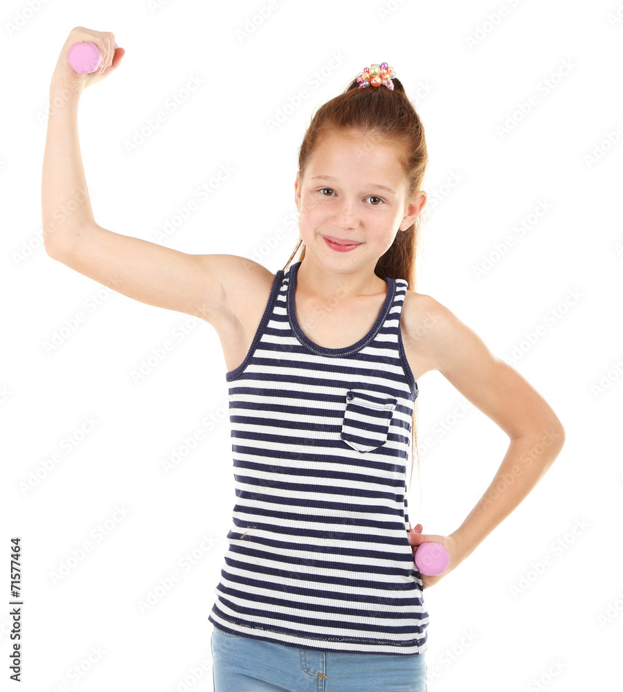 Beautiful little girl doing exercises isolated on white Beautiful little girl doing exercises isolated on white