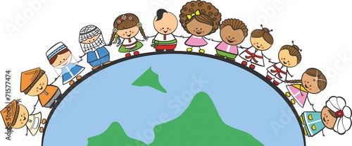 Doodle children of different nationalities on Earth