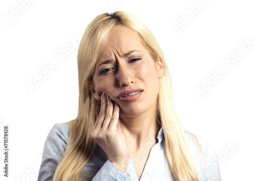 headshot woman with sensitive tooth ache on white background 