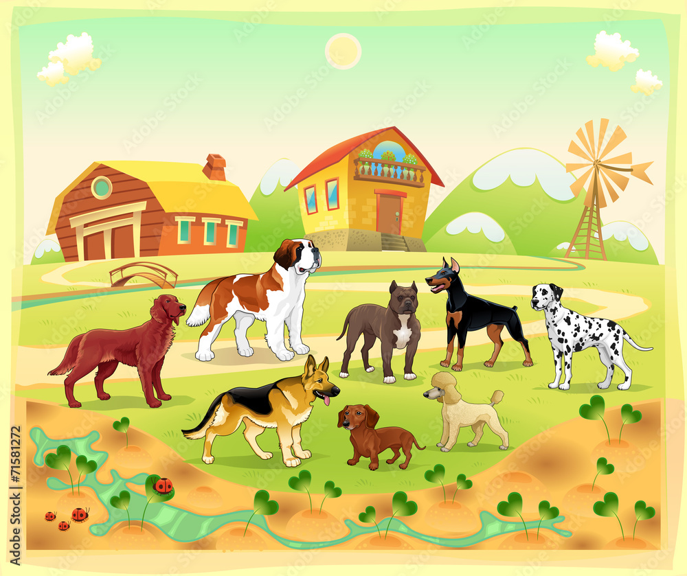 Landscape with group of dogs Landscape with group of dogs