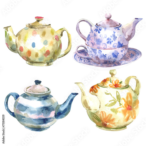 Set of watercolor teapot on a white background