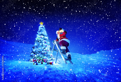 Santa with Lamp on a Step-Ladder by the Christmas Tree