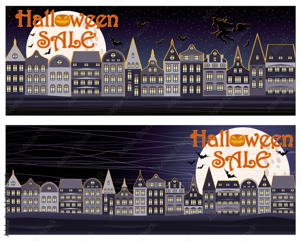 Happy Halloween sale shopping banners, vector