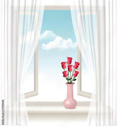 Background with an open window and a vase with roses. Vector.