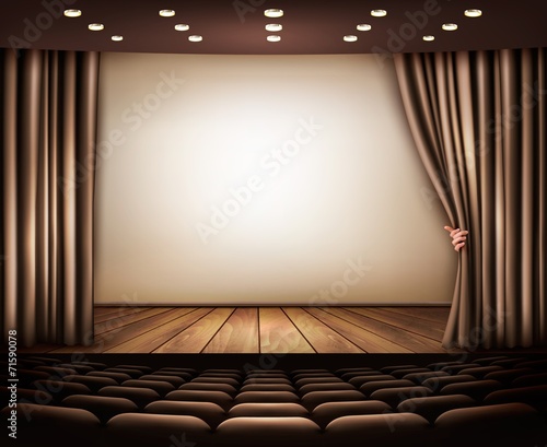 Cinema with white screen, curtain and seats. Vector.