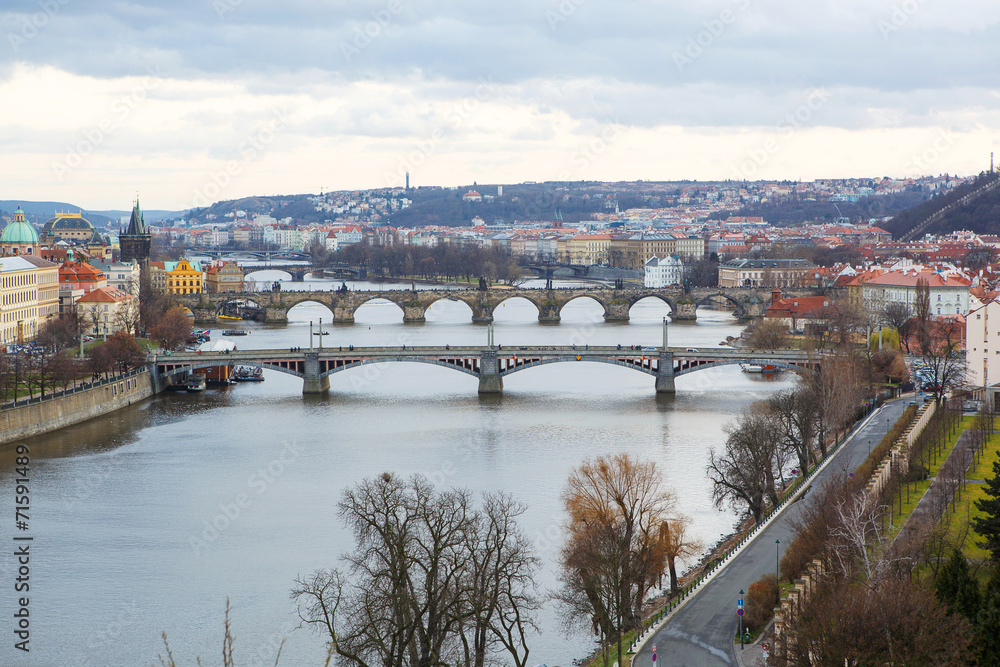 View of the bridges on cold spring or autumn day, Prague, the Cz
