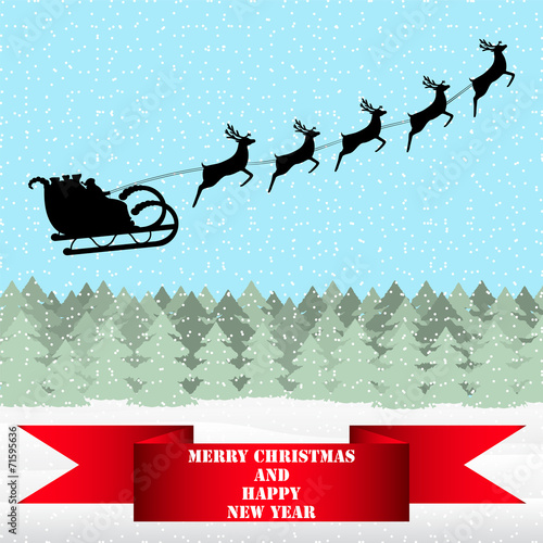 Santa Claus riding on a reindeer in the forest