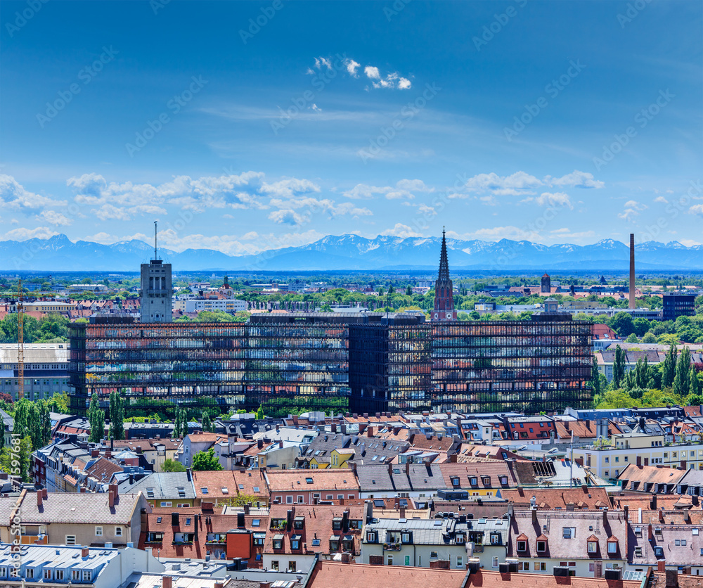 Aerial view of Munich with Bavarian Alps in back