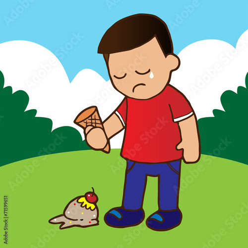 The boy regretted the ice cream falling.