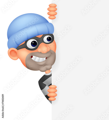 Cartoon thief looking around the edge of a blank sign