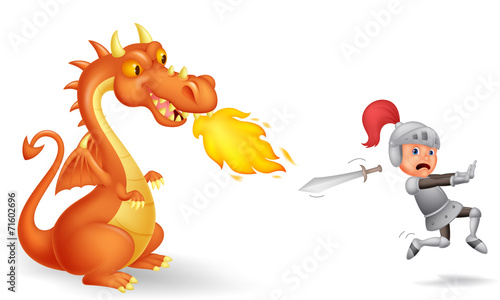Cartoon of a knight running from a fierce dragon