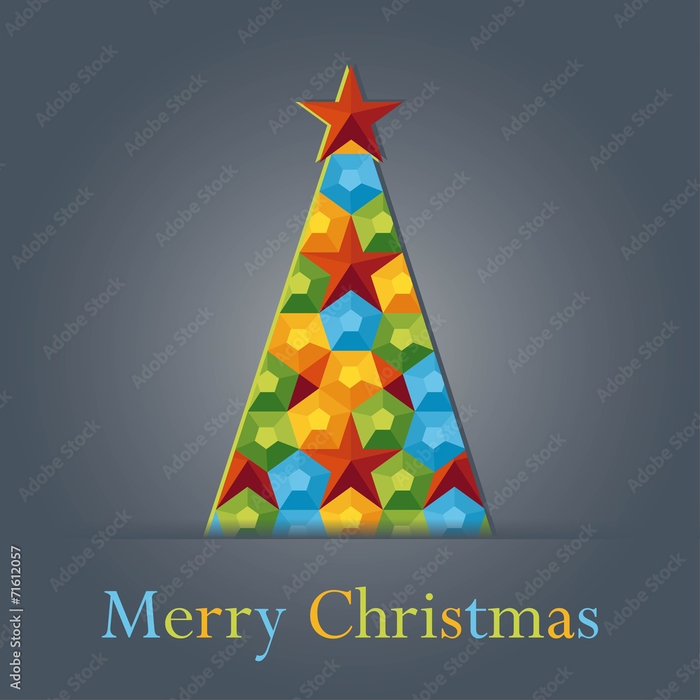 colorful Christmas tree with a red star greeting card