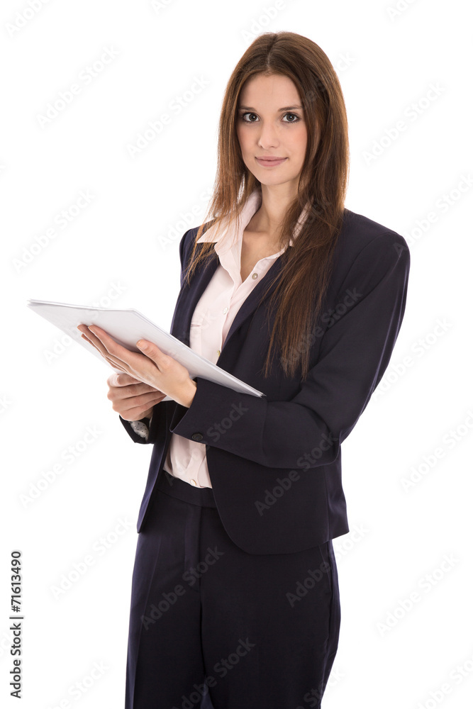Junge lachende Business Frau mit langen Haaren und Dokumenten Junge lachende Business Frau mit langen Haaren und Dokumenten