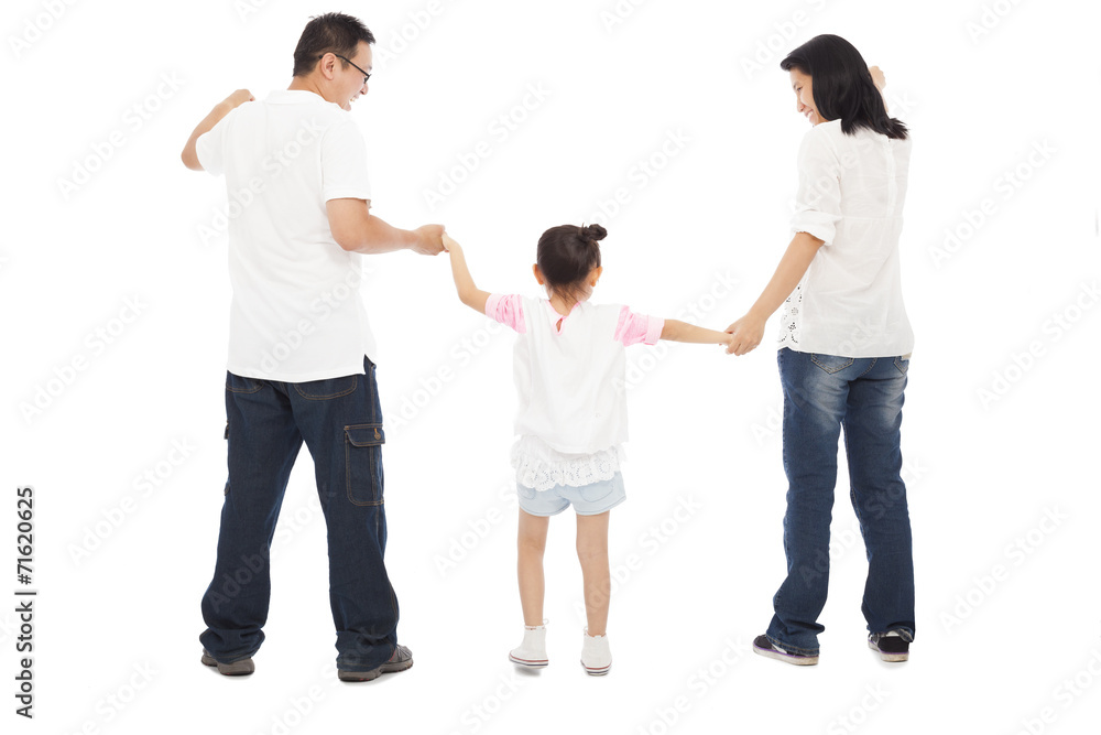 happy little girl hold parents hands. isolated on white backgrou happy little girl hold parents hands. isolated on white backgrou