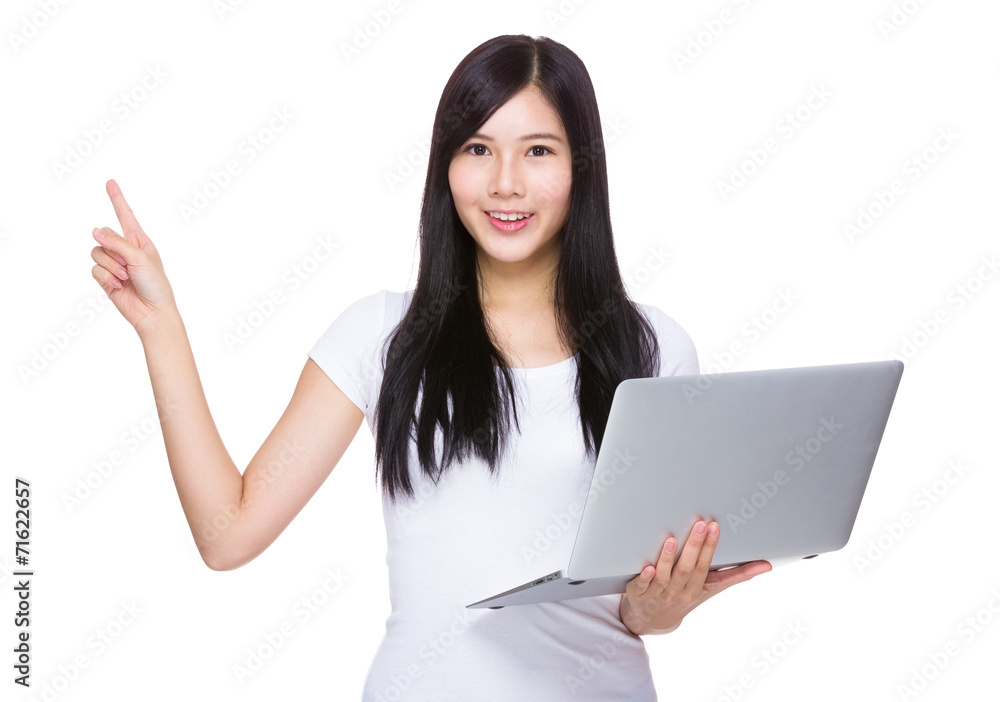 Young woman use laptop computer and finger up Young woman use laptop computer and finger up