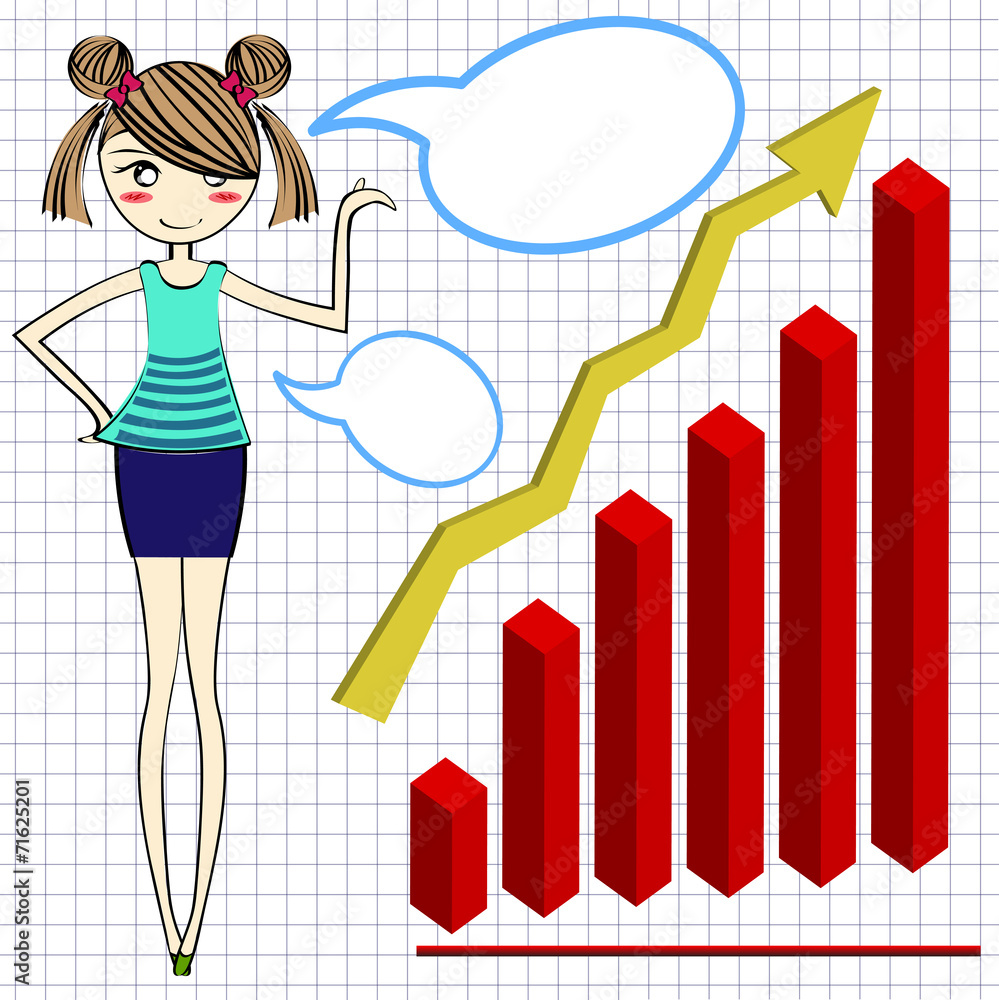 Businesswoman cartoon and red graph Businesswoman cartoon and red graph