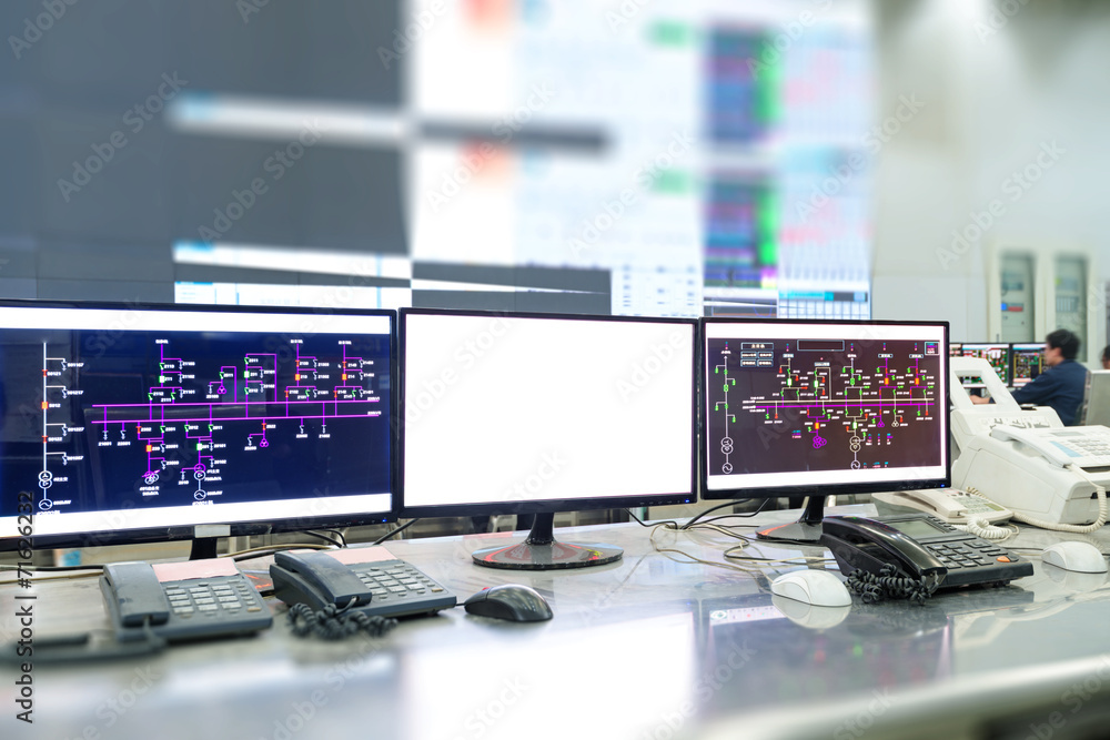 Naklejka premium Modern plant control room and computer monitors