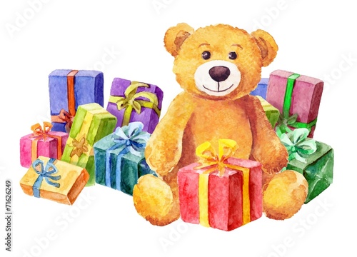Teddy bear sits on a background of gifts. Watercolor © Leyasw