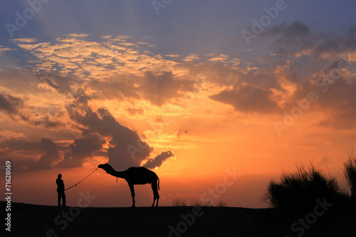 Silhouetted person with a camel at sunset  Thar desert near Jais