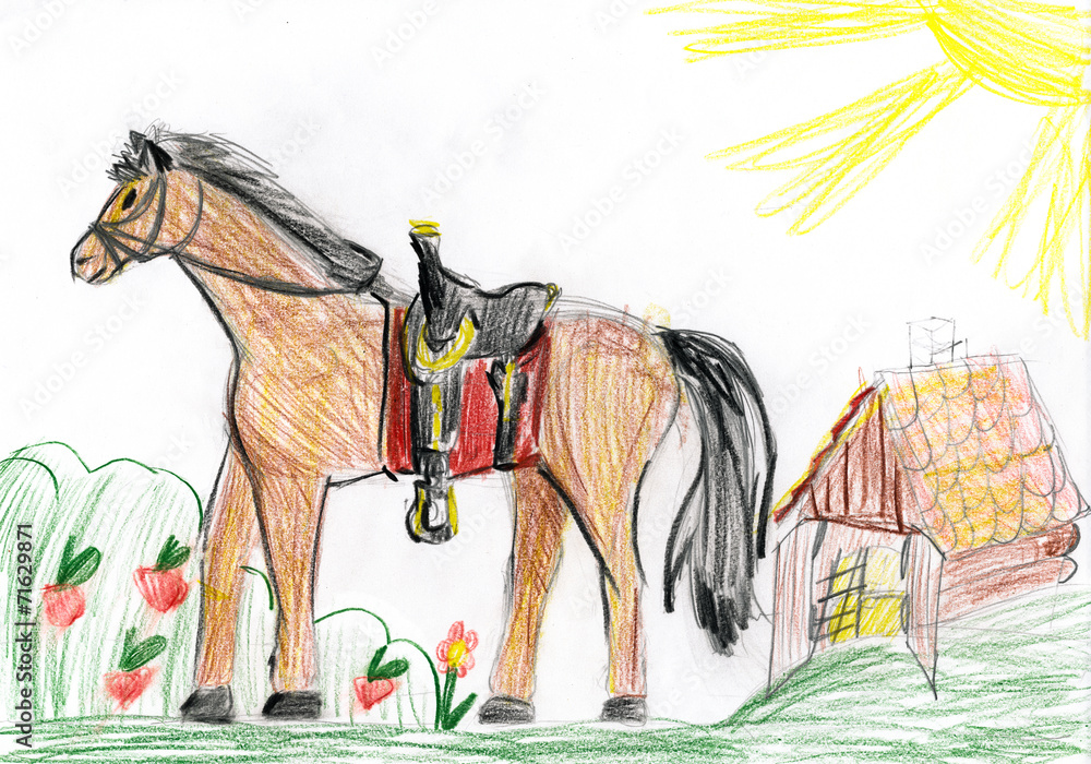 Naklejka premium horse on meadow. child drawing