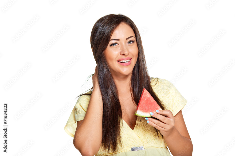 young sun-tanned woman with slice of watermelon young sun-tanned woman with slice of watermelon