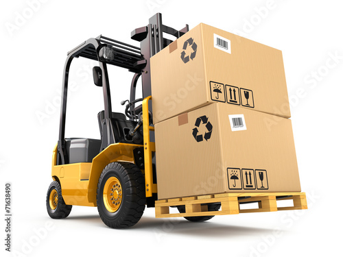 Forklift truck with boxes on pallet. Cargo. photo