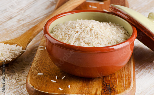 Rice in a clay brown  bowl.
