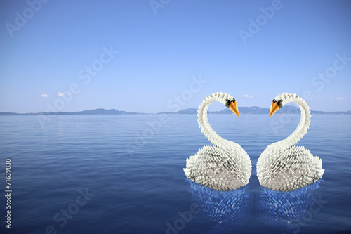 Fotografie, Obraz Couple of white swans origami swimming on water making a heart shape