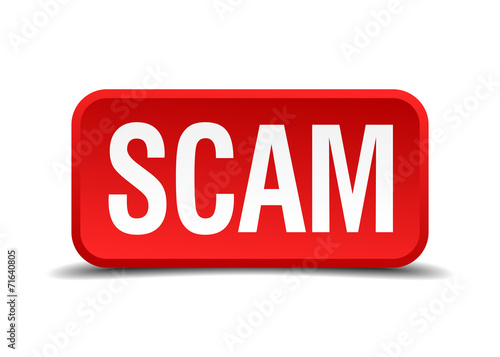 Scam red 3d square button isolated on white