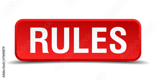 Rules red 3d square button isolated on white