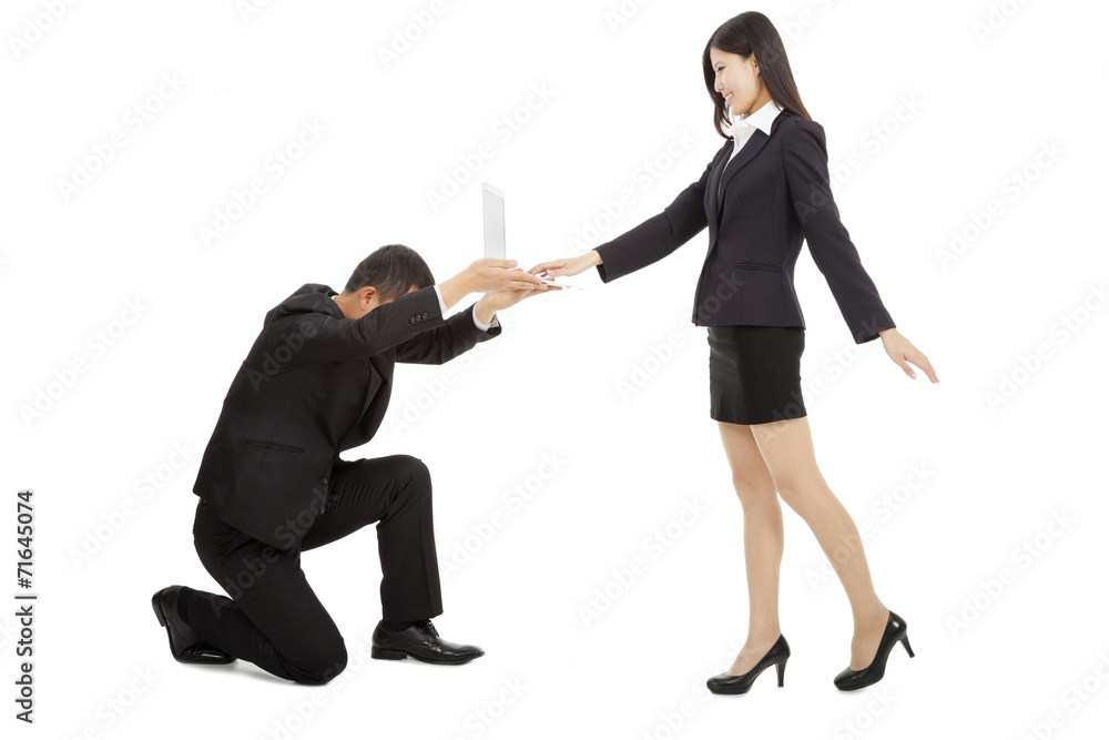 business man holding a laptop for female manager using. isolated business man holding a laptop for female manager using. isolated