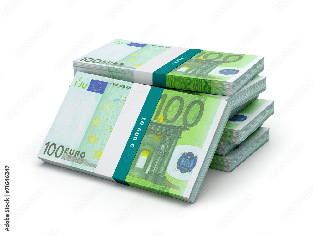 Stack of 100 euro banknotes bills bundles isolated Stack of 100 euro banknotes bills bundles isolated