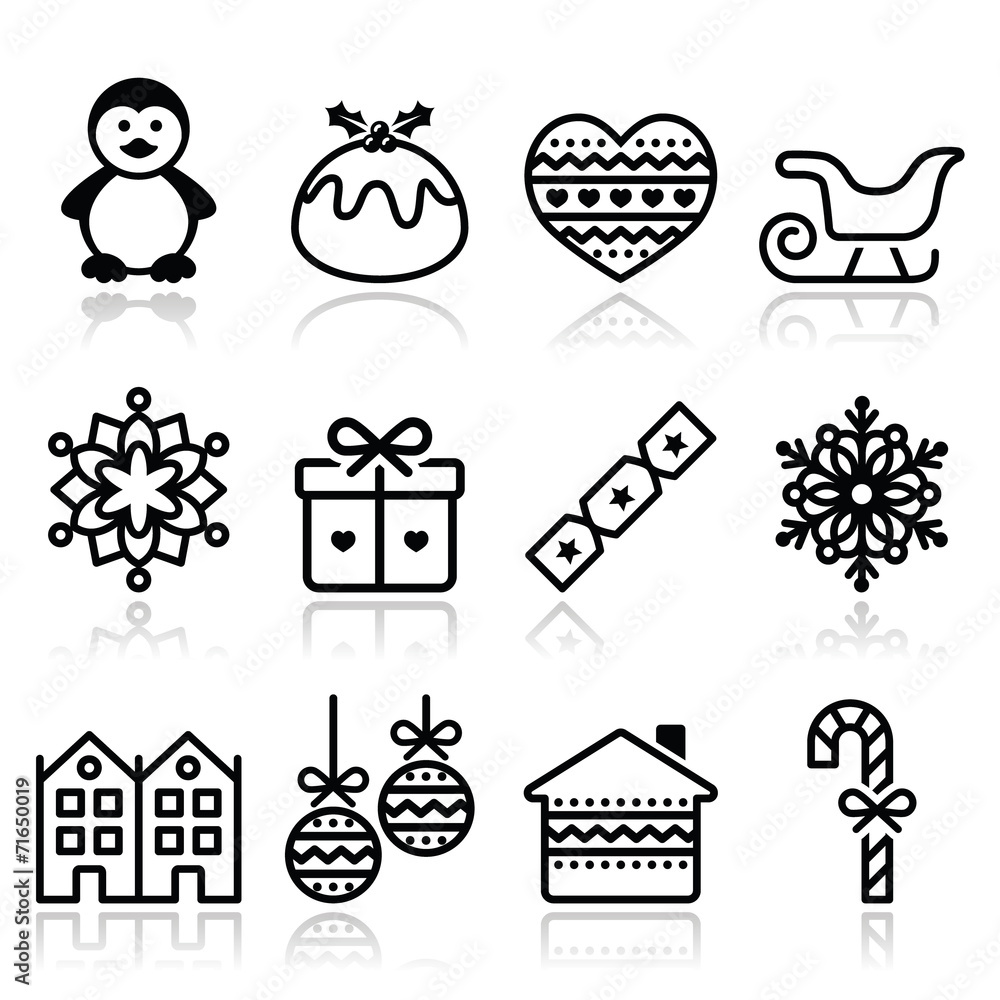 Fototapeta premium Christmas, winter icons with stroke - penguin, Christmas pudding