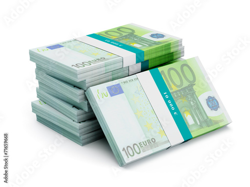 Stack of 100 euro banknotes bundles isolated