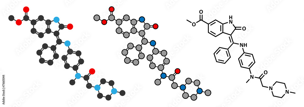 Nintedanib cancer drug molecule. Angiogenesis inhibitor.