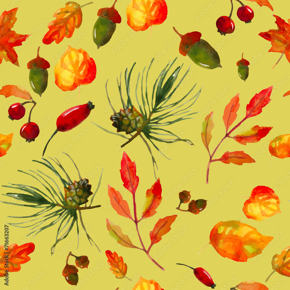 Autumn seamless pattern with leaves, berries, pine cones and aco